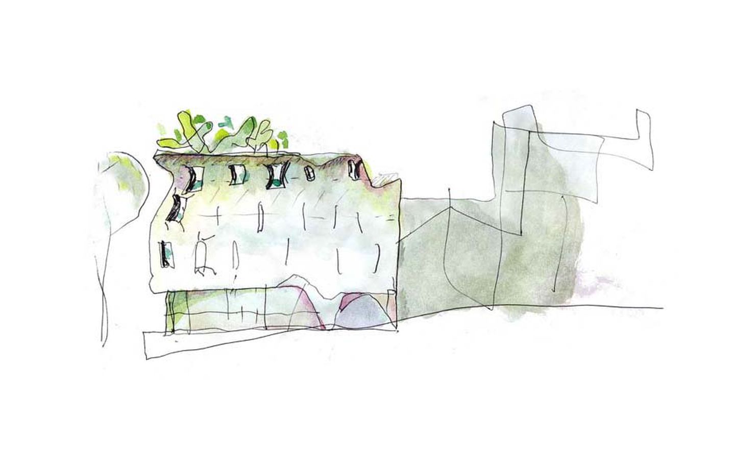 Roslyn Street  Hand drawn watercolour sketch of office building in Potts Point Sydney designed by Durbach Block Jaggers Architects