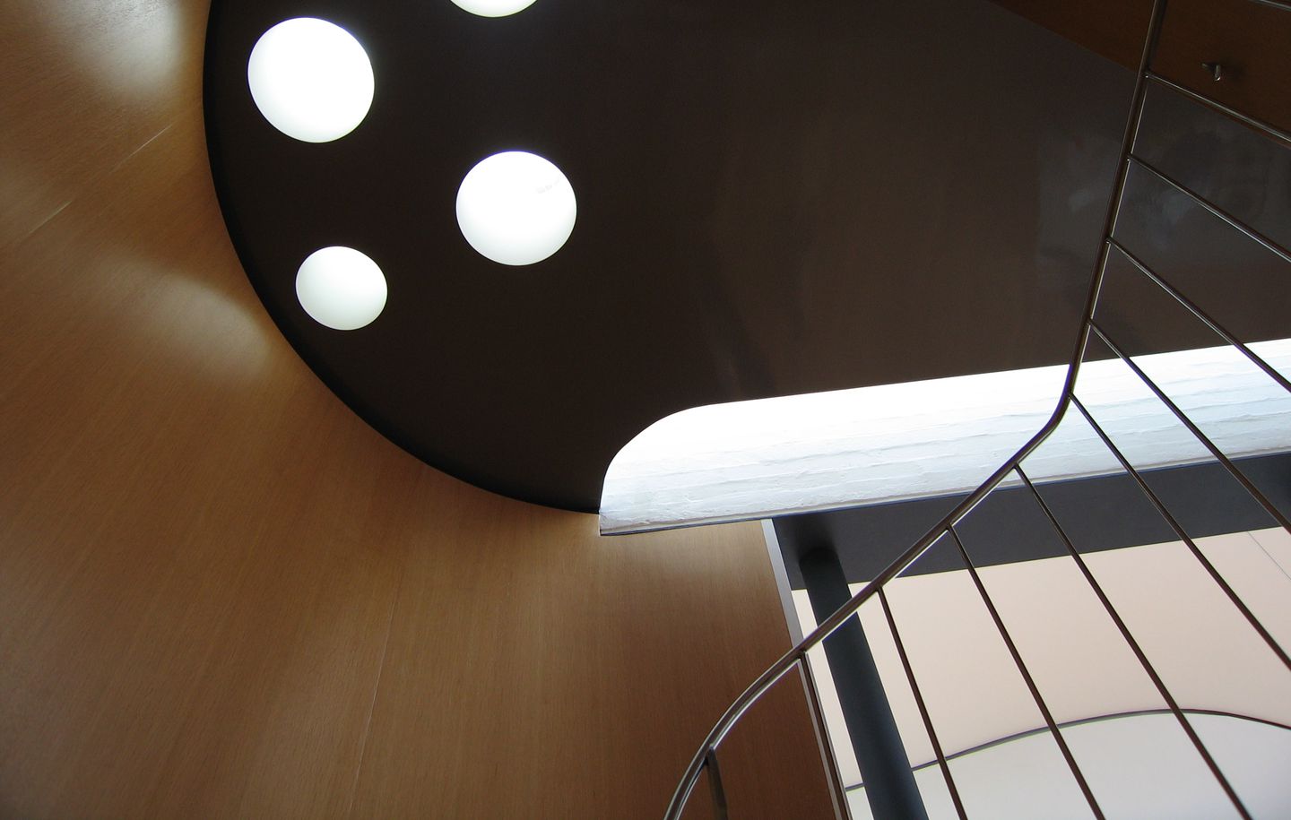 Curved timber walled staircase with circular skylights in cliff house in Dover Heights Sydney designed by Durbach Block Jaggers Architects