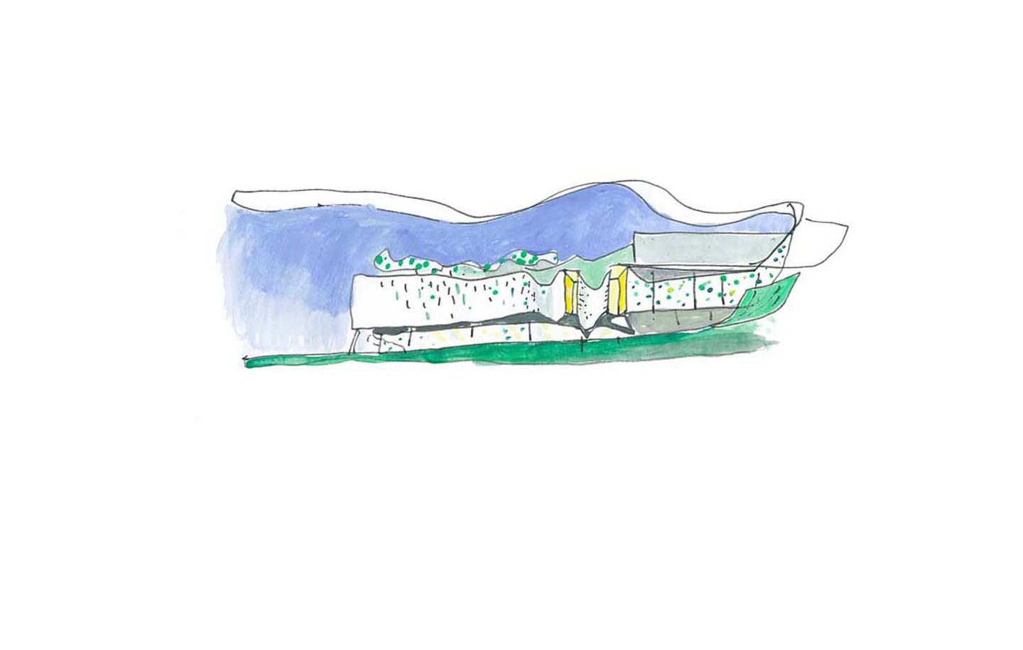 UTS Thomas Street  Hand drawn watercolour concept sketch of university campus for UTS in Ultimo Sydney designed by Durbach Block Jaggers Architects