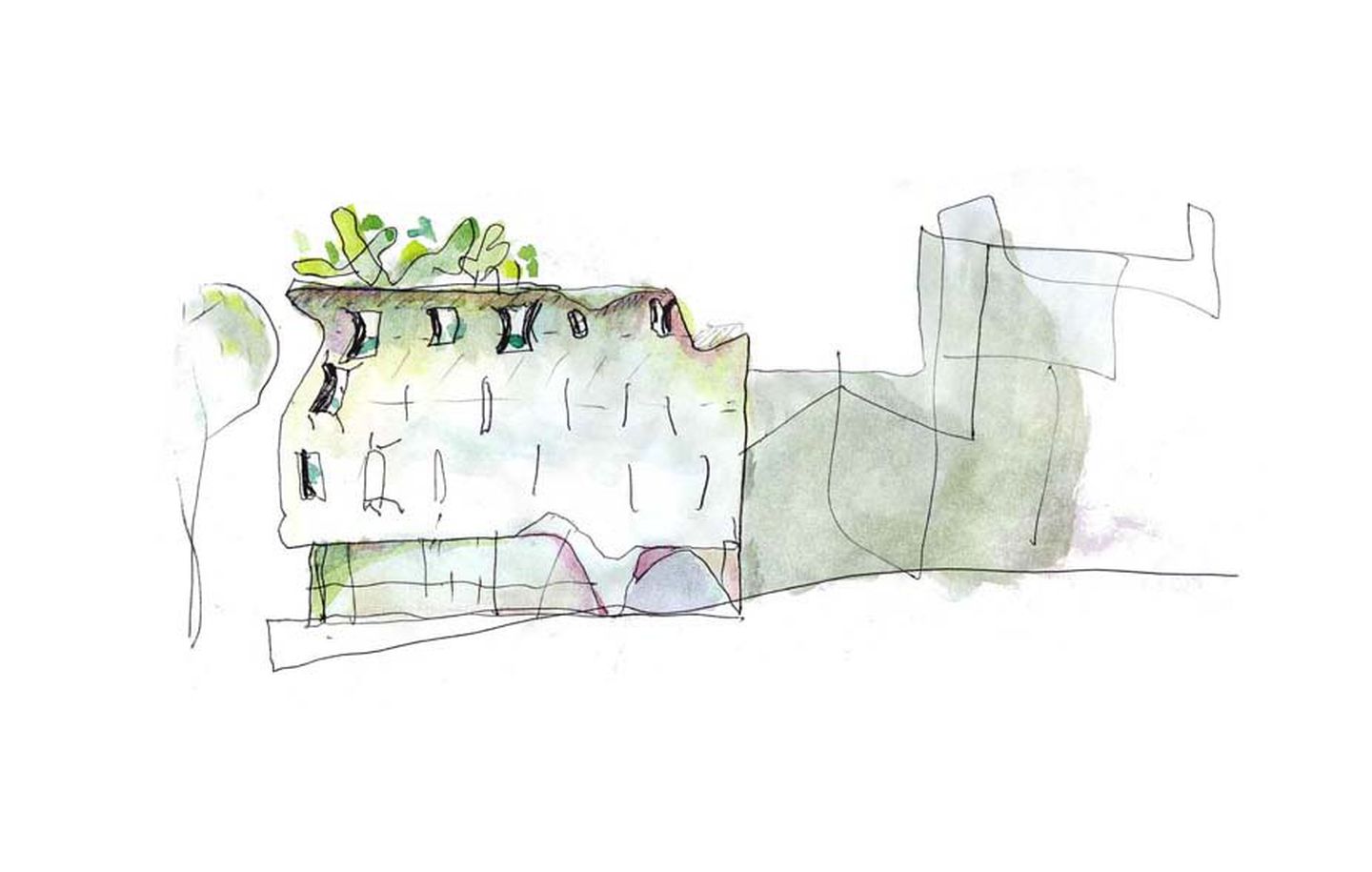 Hand drawn watercolour sketch of office building in Potts Point Sydney designed by Durbach Block Jaggers Architects