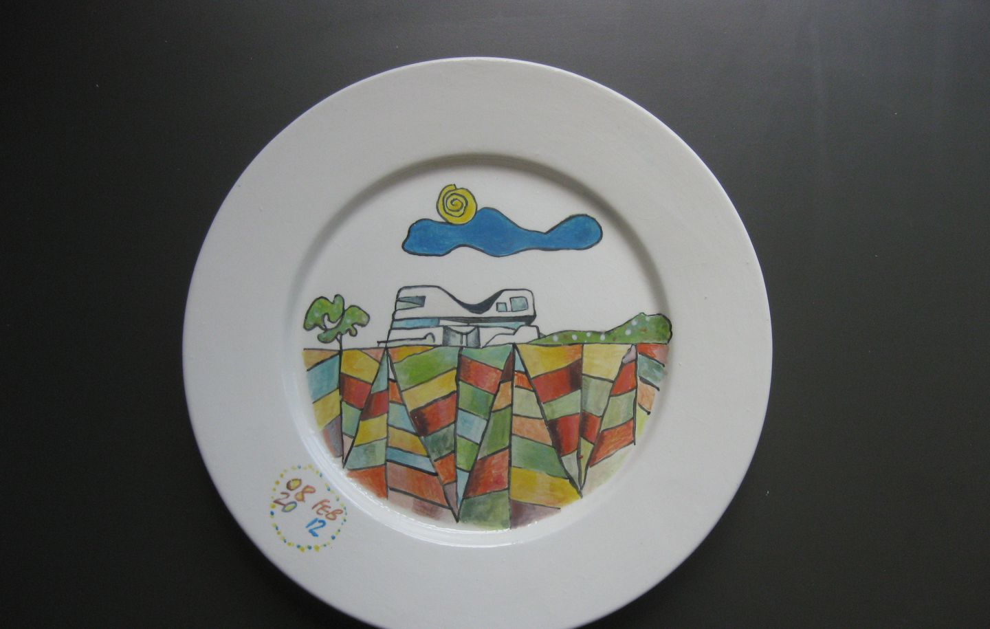White dinner plate with sketch of North Bondi Surf Club Sydney designed by Durbach Block Jaggers Architects
