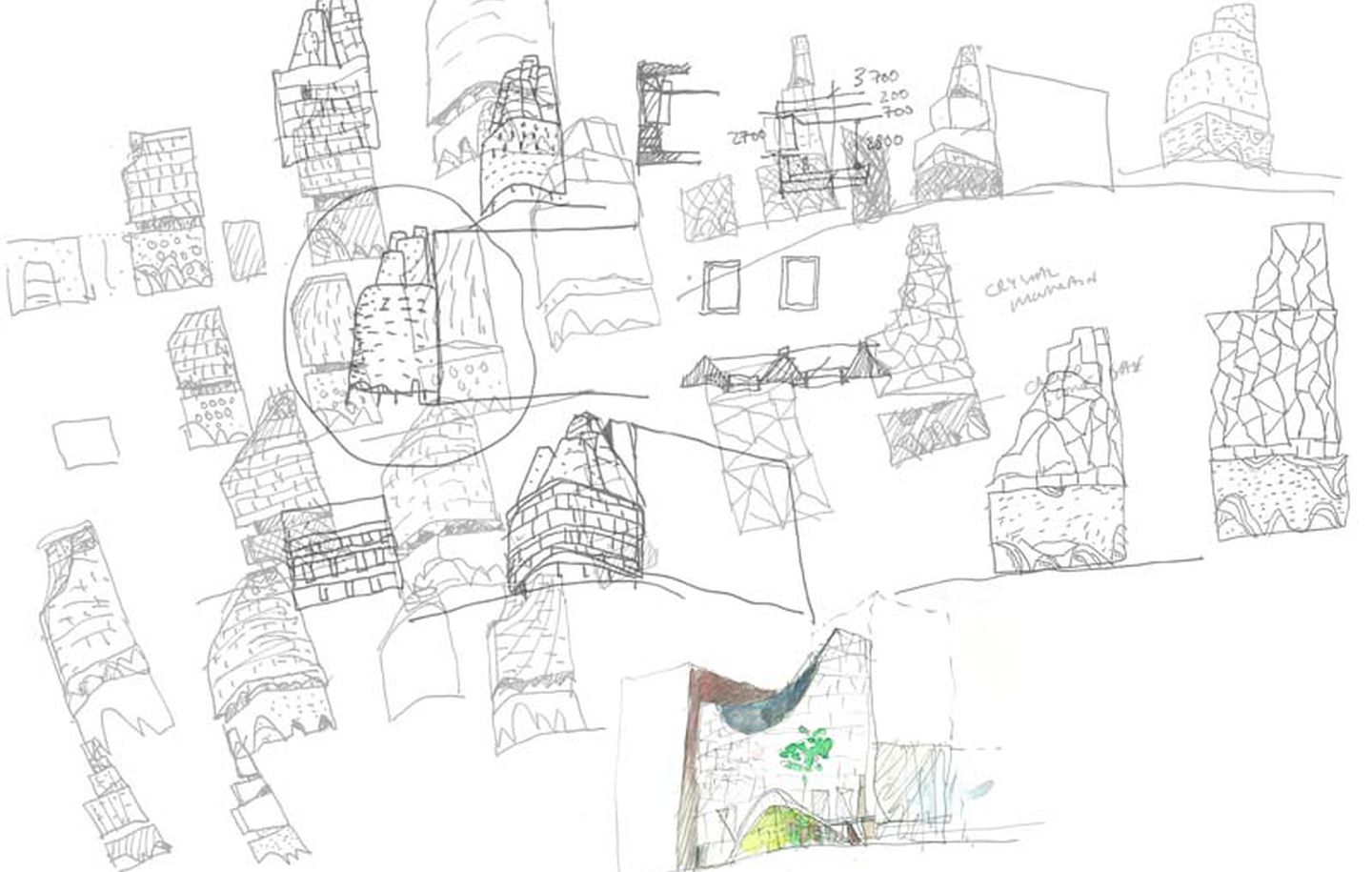hand drawn concept sketches of commercial tower in Sydney Australia designed by Durbach Block Jaggers Architects